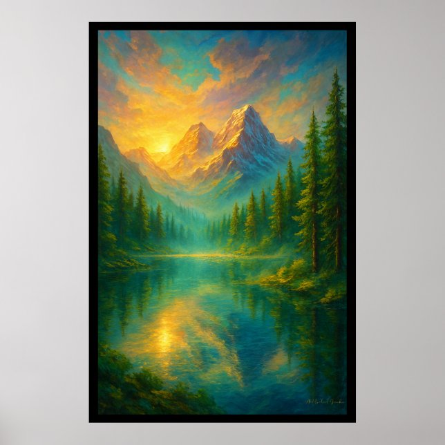 A Serene Sunrise Over a Mirror Lake Poster (Front)