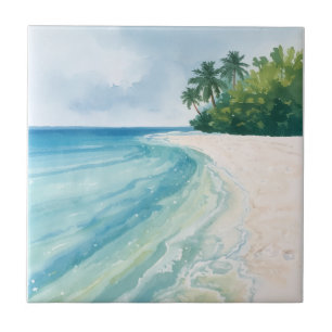A Serene Tropical Beach in Watercolor Ceramic Tile
