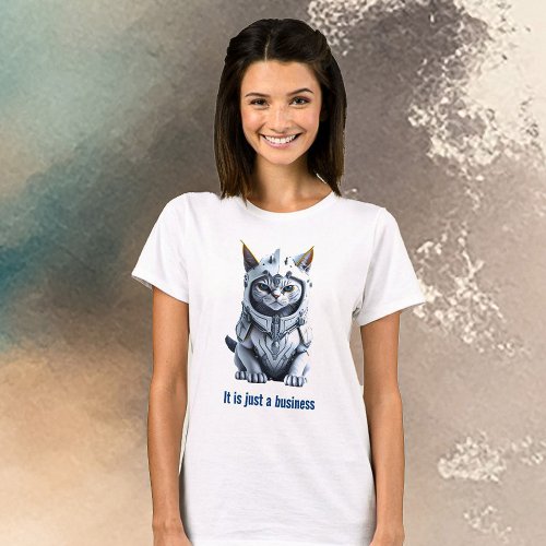 A serious white cat in armor T_Shirt