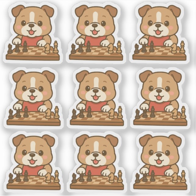 A Set of 6 Kawaii Cartoon Bulldog Playing Chess Sticker (Front)