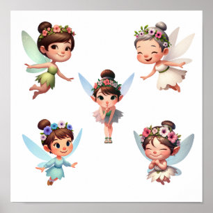 A set of magical little cartoon Fairies Poster