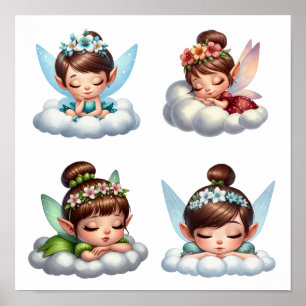 A set of magical little cartoon Fairies sleeping Poster