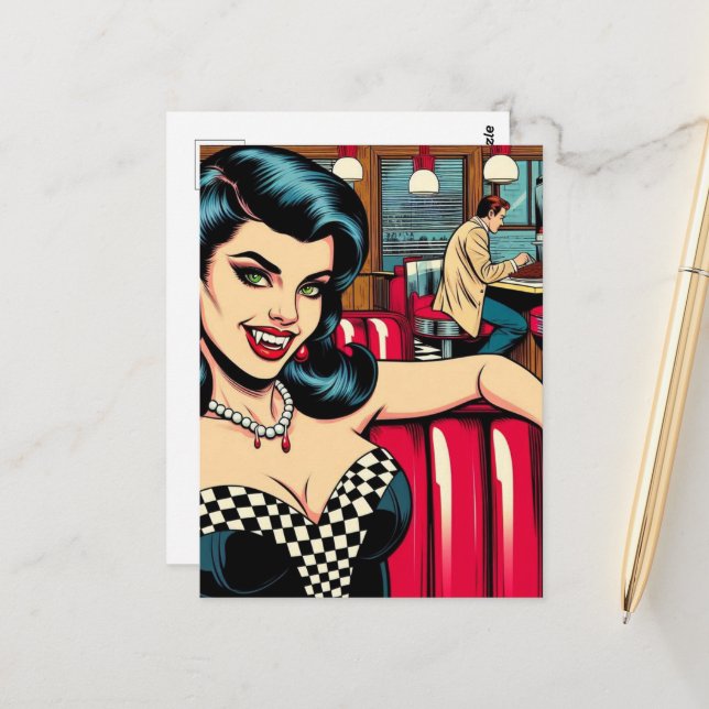 A Sexy Vampire at the retro diner Postcard (Front/Back In Situ)