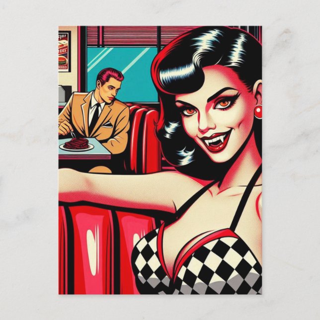 A sexy Vampire at the retro diner Postcard (Front)