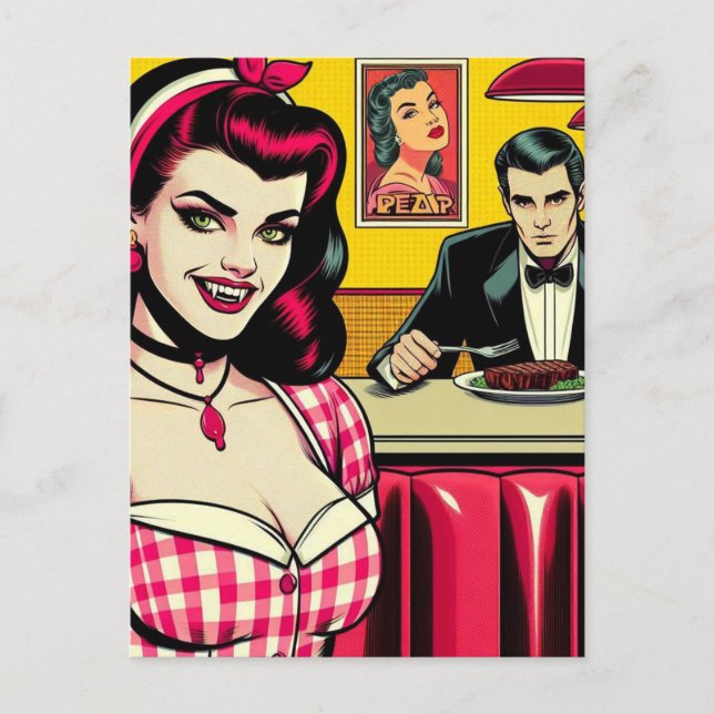 A sexy Vampire dressed in pink at the retro diner Postcard (Front)