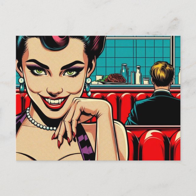 A sexy Vampire dressed in purple the retro diner Postcard (Front)