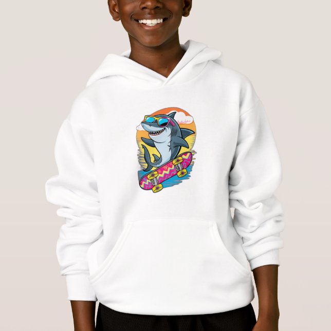 A shark wearing sunglasses, riding a skateboard. hoodie (Front)