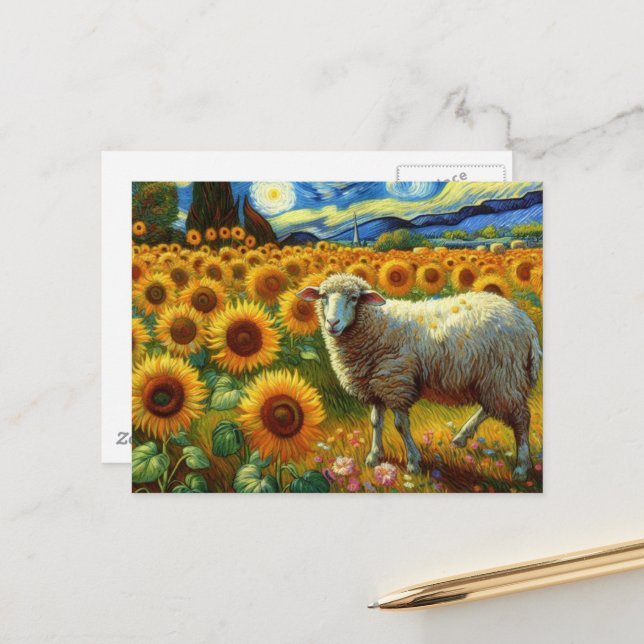 A Sheep in a Sunflower Field Postcard (Front/Back In Situ)