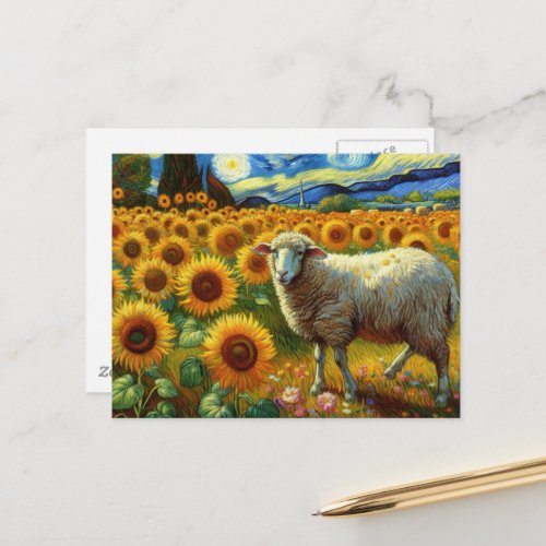 A Sheep in a Sunflower Field Postcard