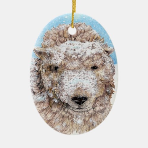 A Sheep in Snow Ceramic Ornament