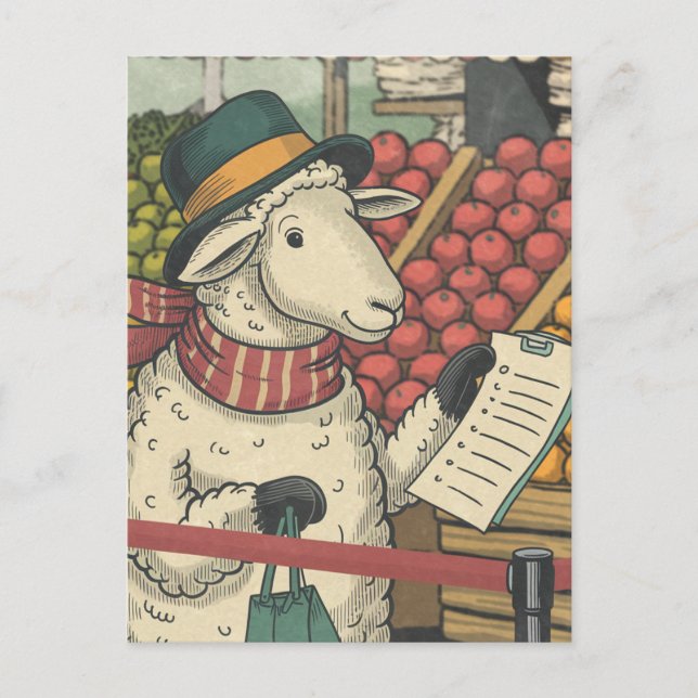 A Sheep Shopping Vintage Postcard (Front)