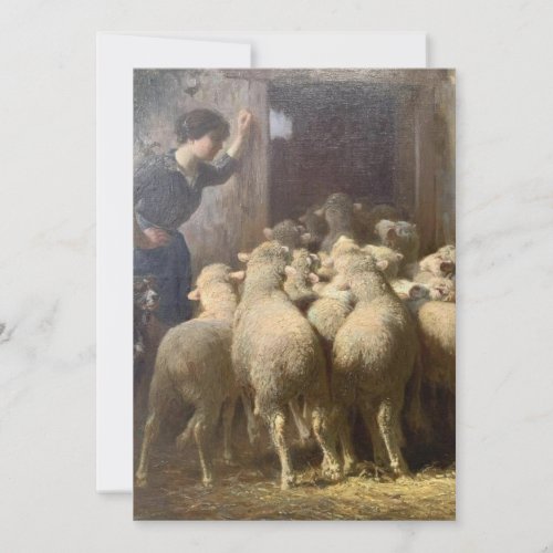 A Shepherdess Her Dog and Sheep in Barn  Holiday Card