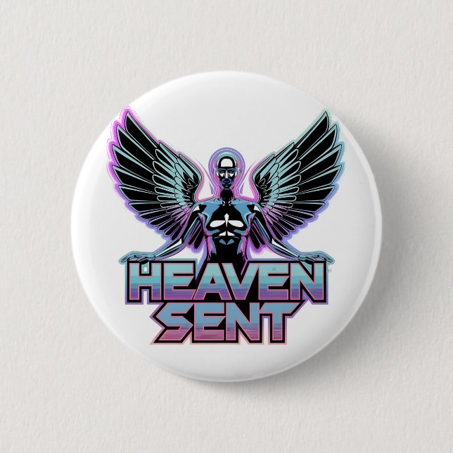 A shiny, metallic angel with wings, Y2K design Button (Front)