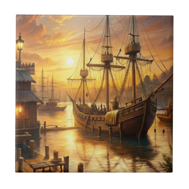 A Ship at the Docks Ceramic Tile (Front)