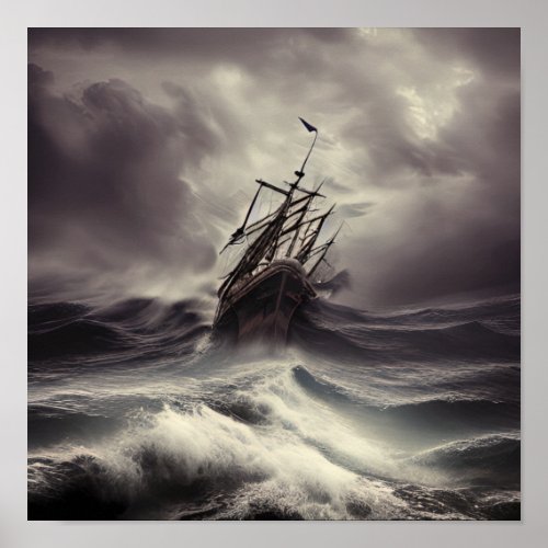 A ship in a storm at Wild Ocean Poster