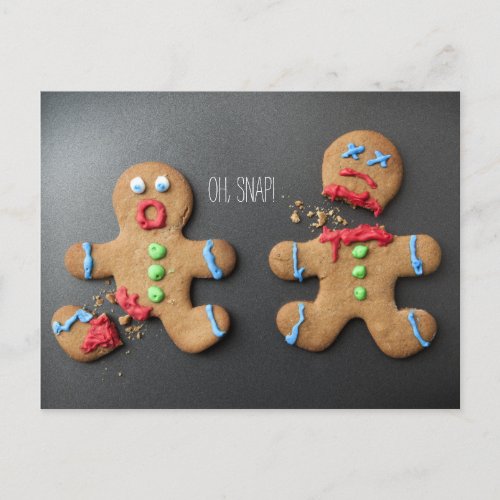 A shocked gingerbread man with broken leg postcard