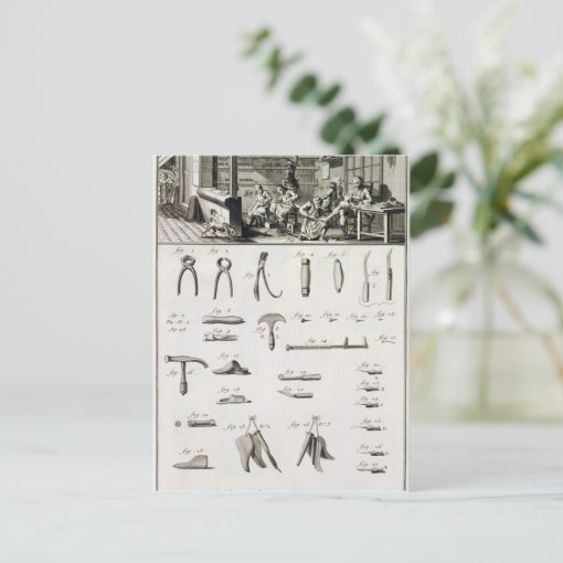A shoe and bootmaker and their tools, from the 'En Postcard | Zazzle