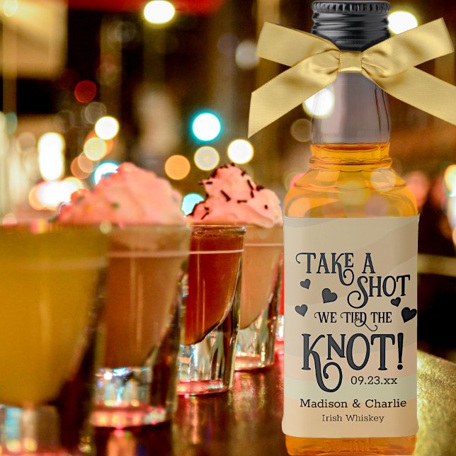 A Shot We Tied the Knot Tan Retro Swirls Wedding Liquor Bottle Label (In Situ with Bow)