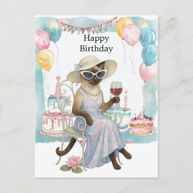 A siamese cat is drinking wine Happy Birthday  Postcard (Front)