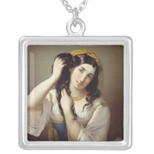 A Sicilian Playing with her Hair Silver Plated Necklace