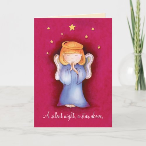 A silent night christmas angel praying red holiday card