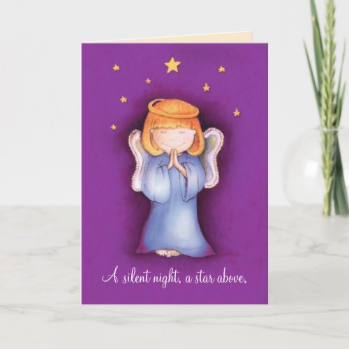 A silent night christmas angel purple pray holiday card