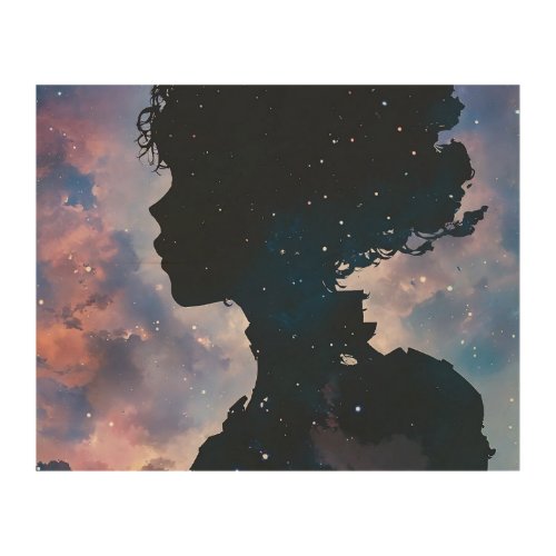 A silhouette of a calm giant womans face wearing wood wall art
