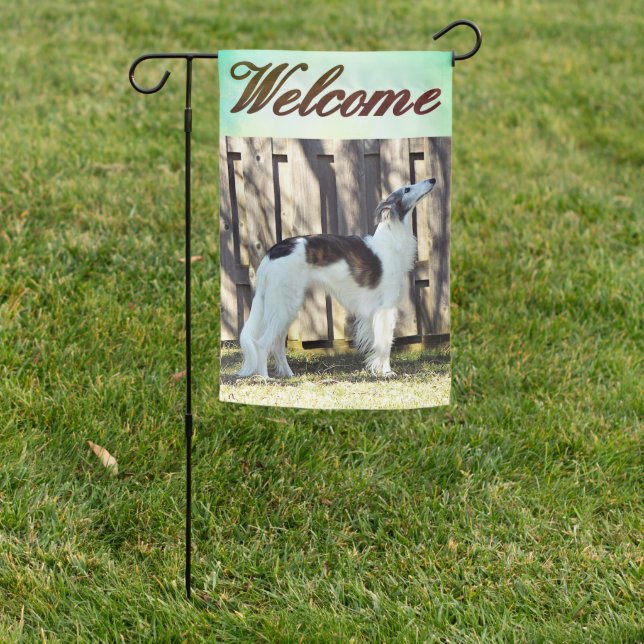 A Silken Windhound Welcome Garden Flag (In SItu)