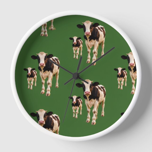 a silly herd of cows on a green background clock (Front)