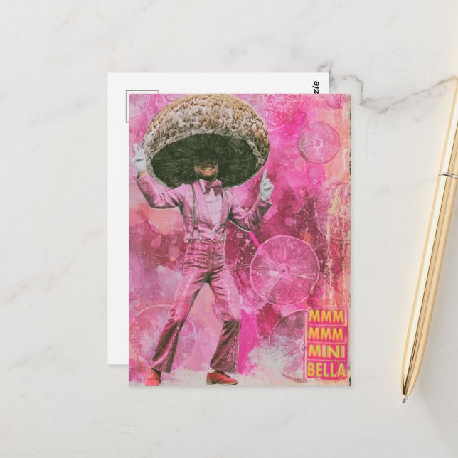 A silly mmm mmm pink retro dancing mushroom postcard (Front/Back In Situ)