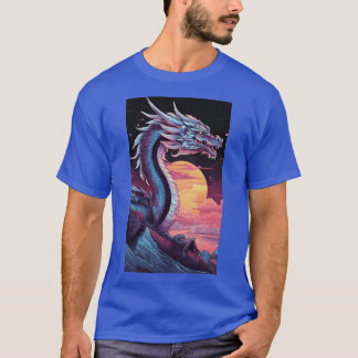 a silver dragon on a black background with a sunri T-Shirt