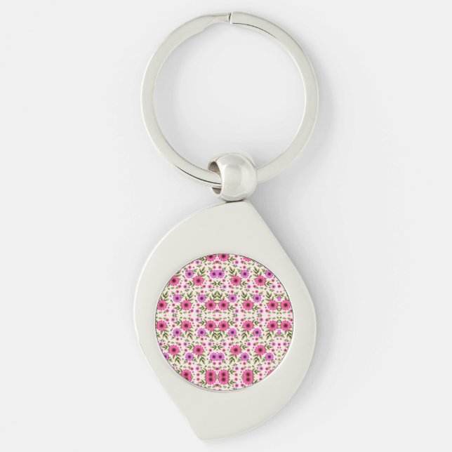 A silver teardrop keychain with a round pink (Front)