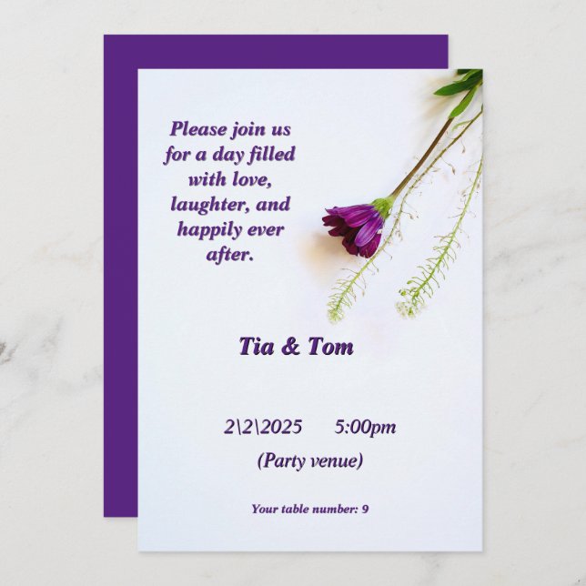 A simple invitation in white and purple (Front/Back)