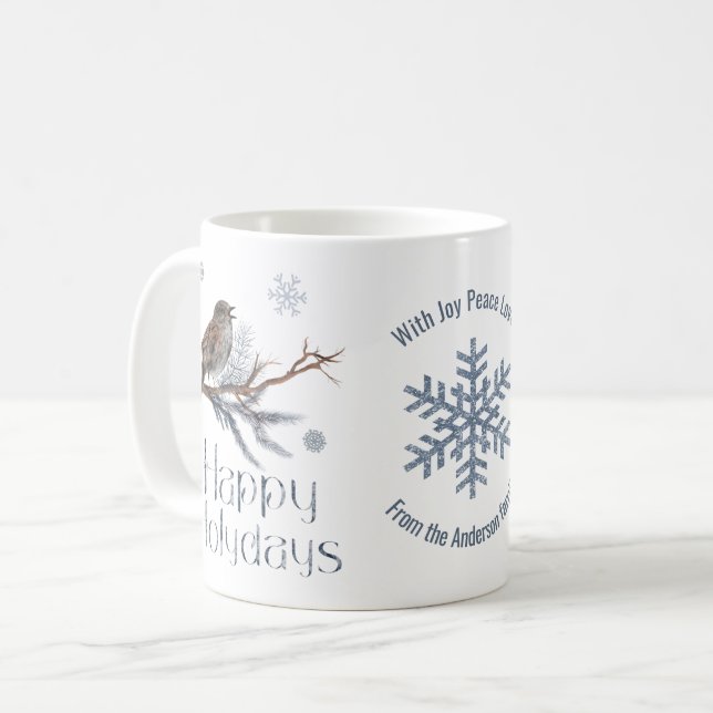 A Singing Bird On A Pine Branch. Happy Holidays Coffee Mug (Front Left)