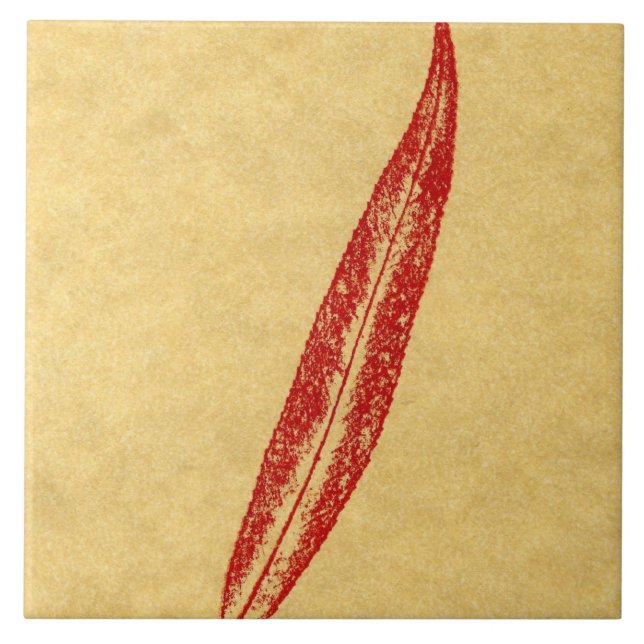A single willow leaf printed in red on tan paper ceramic tile (Front)