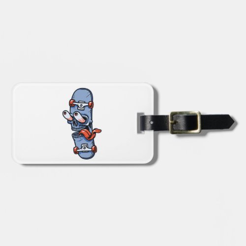 A skateboard with a skull on it and a red tongue luggage tag