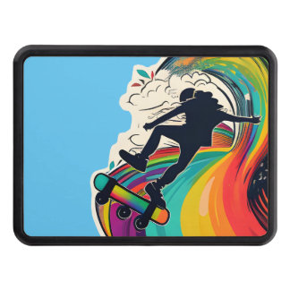 A skateboarder riding down a rainbow hitch cover