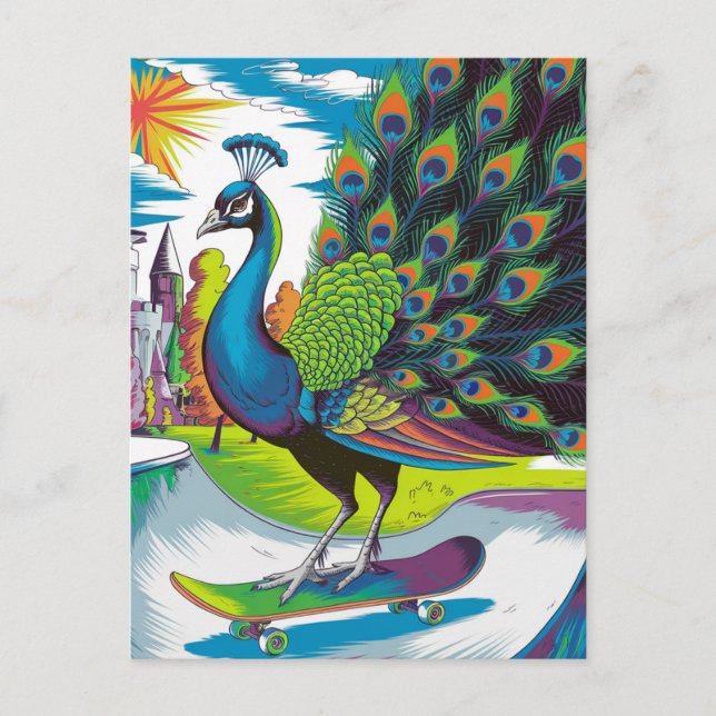 A Skateboarding Peacock Postcard (Front)
