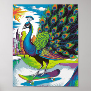 A Skateboarding Peacock Poster