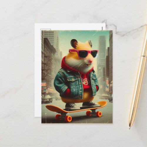 A Skateboarding Punk Hamster in the City Retro Postcard