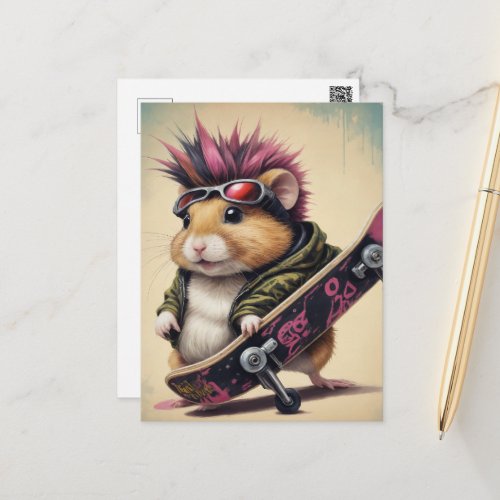 A Skateboarding Punk Hamster Retro Postcard