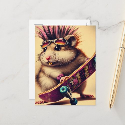 A Skateboarding Punk Hamster Retro Postcard