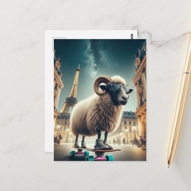 A skateboarding sheep in the city postcard (Front/Back In Situ)