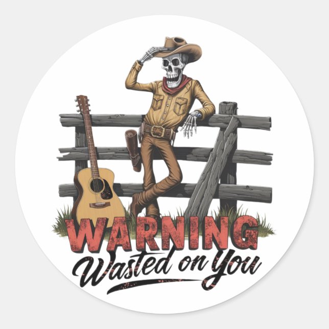 A skeletal cowboy tipping his hat classic round sticker (Front)