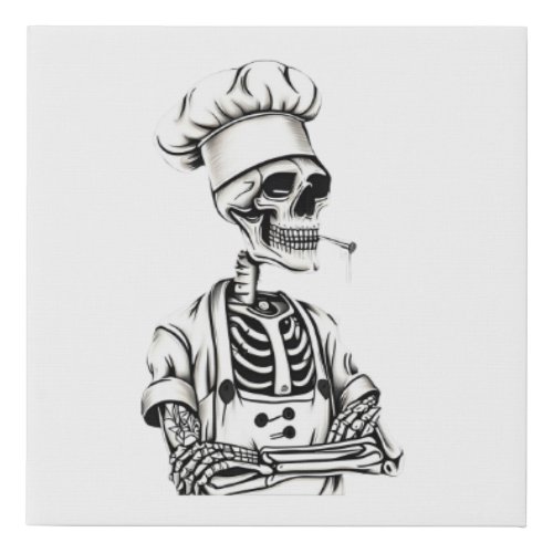 A skeleton dressed up as a chef holding a spatula faux canvas print