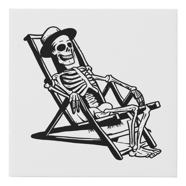 A skeleton lounging in a beach chair faux canvas print (Front)