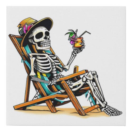A skeleton relaxing in a beach chair faux canvas print