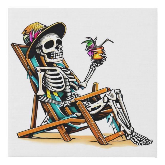 A skeleton relaxing in a beach chair faux canvas print (Front)