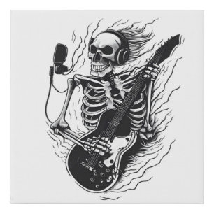 A skeleton with headphones on, holding a guitar  faux canvas print