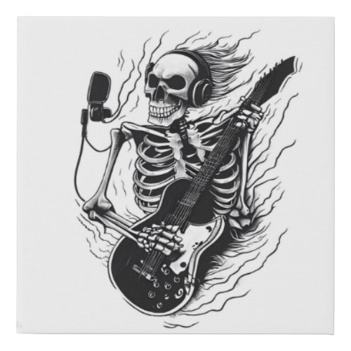 A skeleton with headphones on holding a guitar  faux canvas print